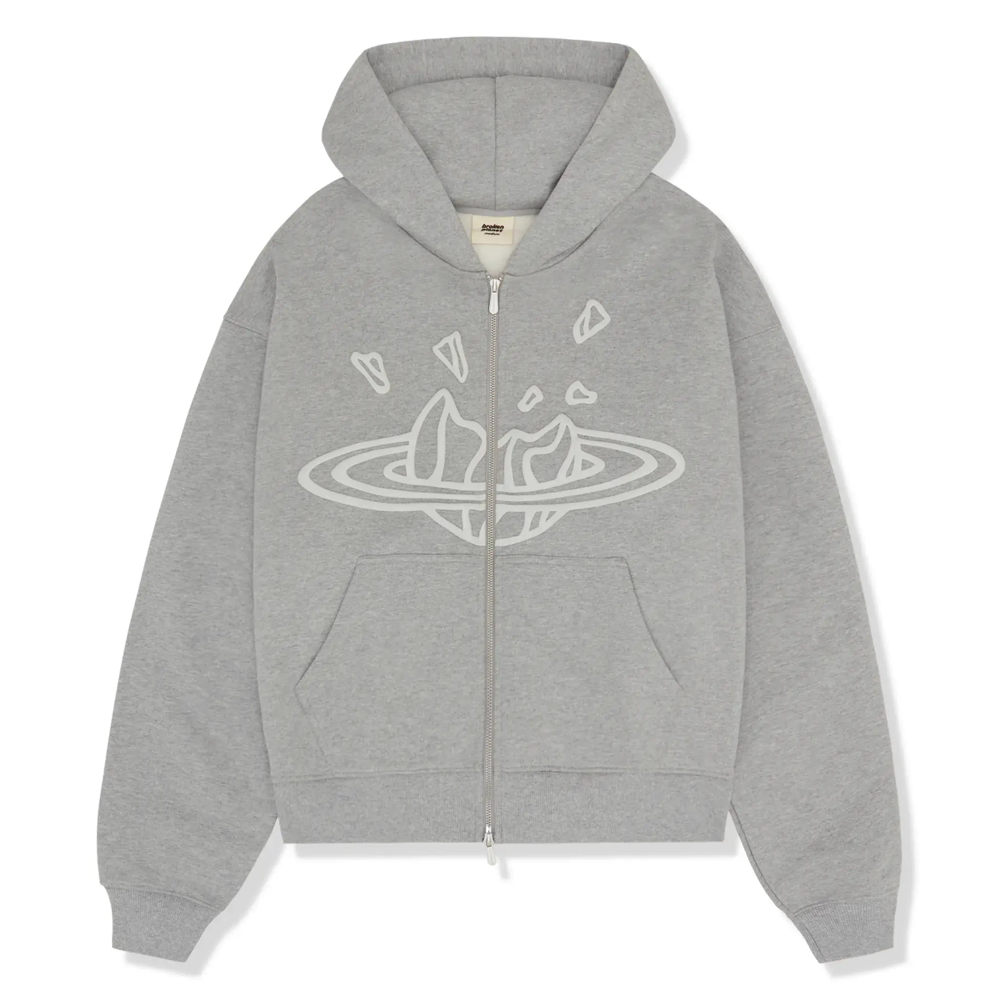 Front view of Broken Planet Zip-Up Heather Grey Hoodie